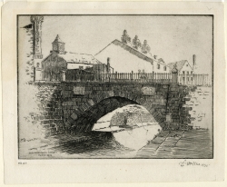 View of a stone bridge spanning the C&O Canal in Georgetown. Etching by Hirst Milhollen dated 1935.