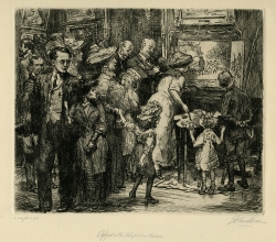 Group of spectators at a museum watching an artist painting a copy of one of the works on the wall. Etching by John Sloan created 1908.