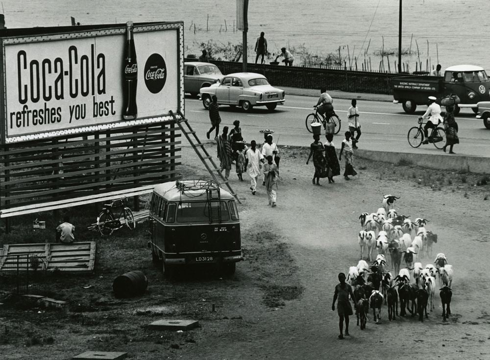Cars and Farm Animals on road near Coca Cola advertisement