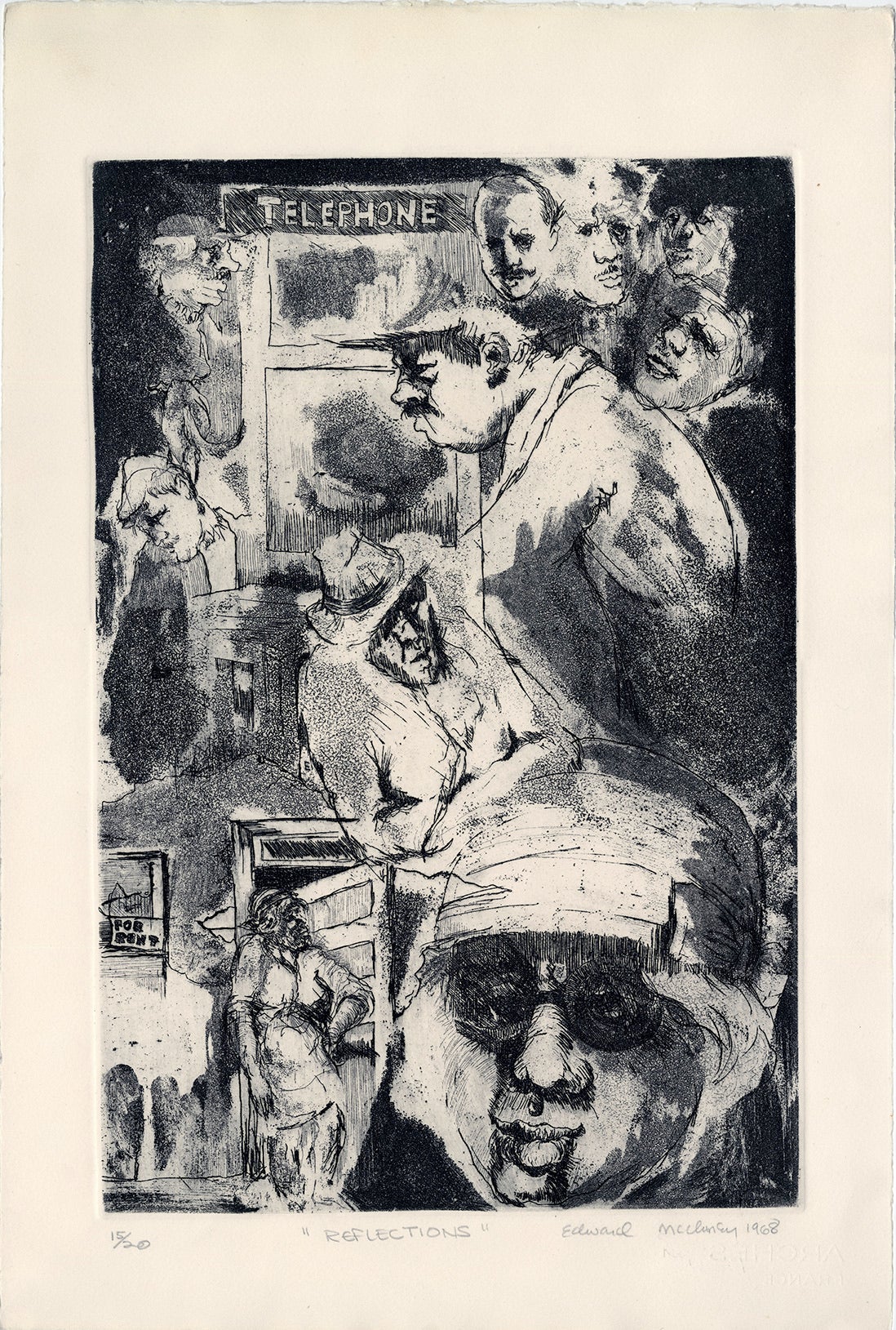 Figures and places are recalled in a dreamlike vignette. A black and white etching with aquatint by Edward McCluney.