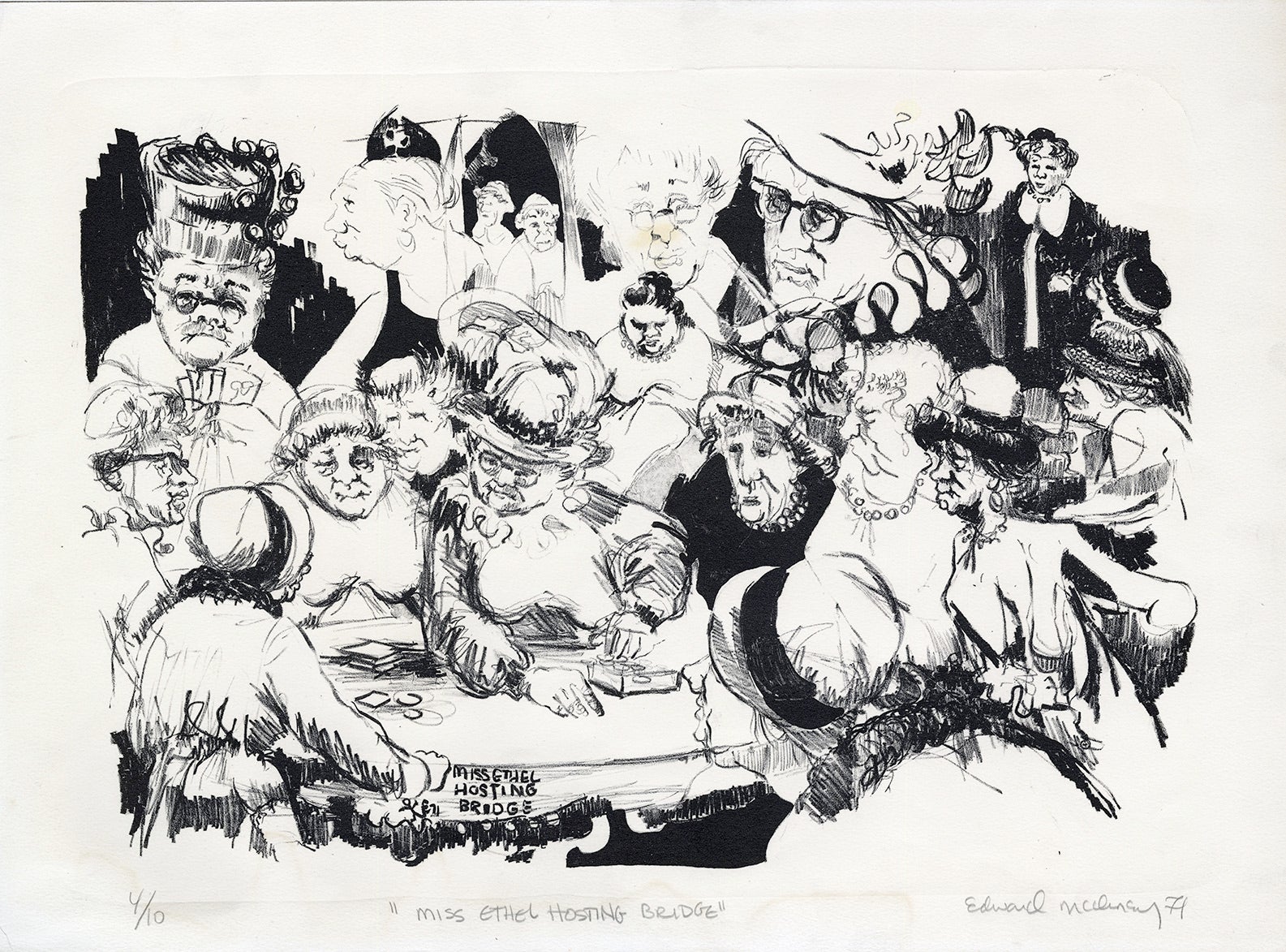 Eighteen women surrounding a bridge table play or watch the game. Black and white lithograph print by Edward McCluney.