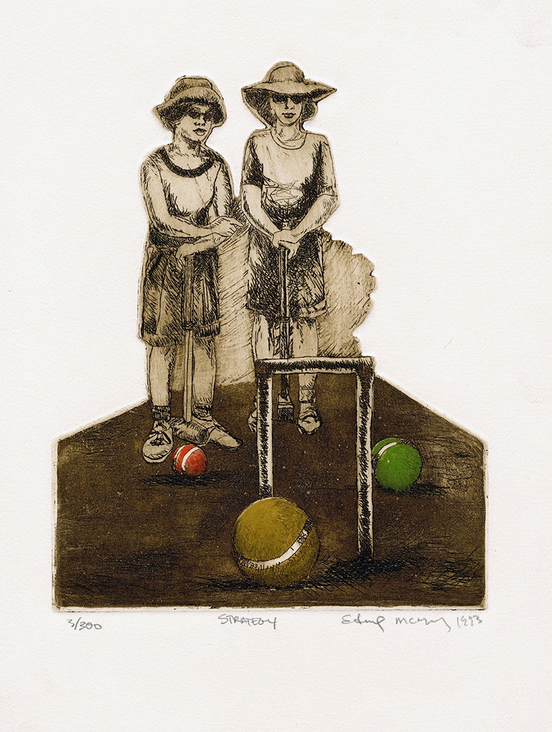 Two women lean on their mallets as they inspect a game of croquet. In the foreground near the wicket (goal), three balls — tinted green, yellow, or red — add a touch of color to the otherwise monochrome image. Shaped plate color etching and aquatint by Edward McCluney.