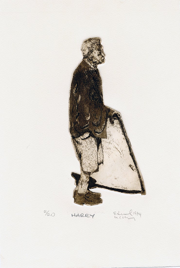 This side-profile portrait depicts a man holding a cane and walking. Shaped plate etching and aquatint by Edward McCluney.