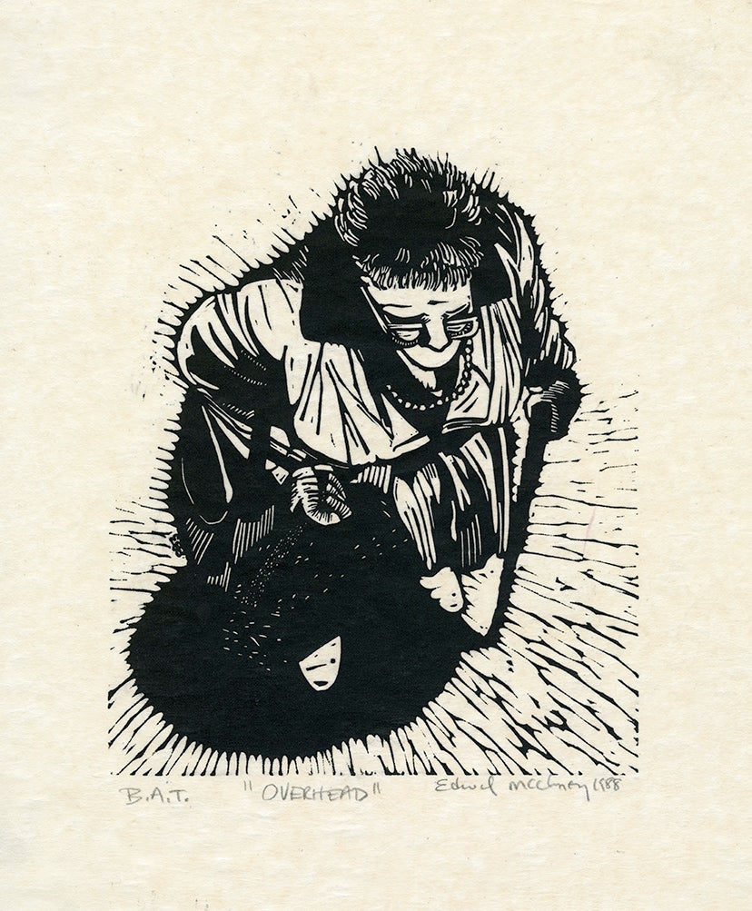 A short-haired woman is depicted wearing glasses, pearls, and holding a cane. The foreshortened perspective gives the illusion that the woman is seen from a bird's-eye view. Linocut by Edward McCluney.