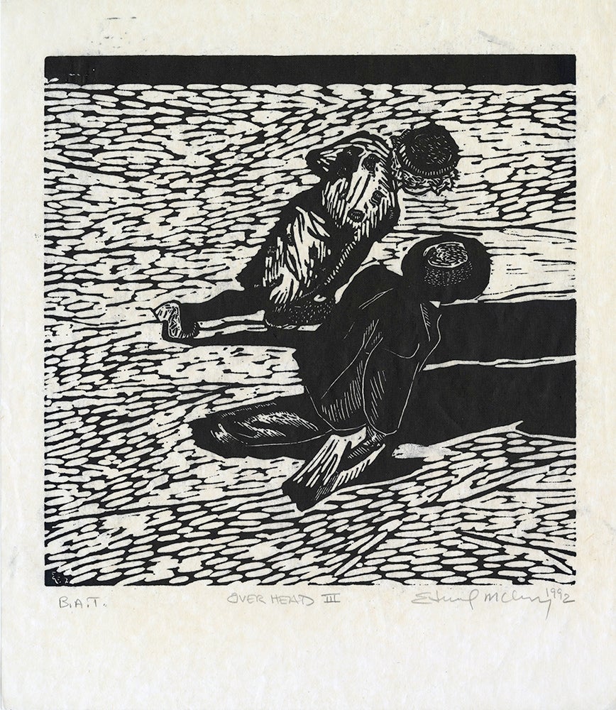 Two women walking, seen from above. Linocut print by Edward McCluney.