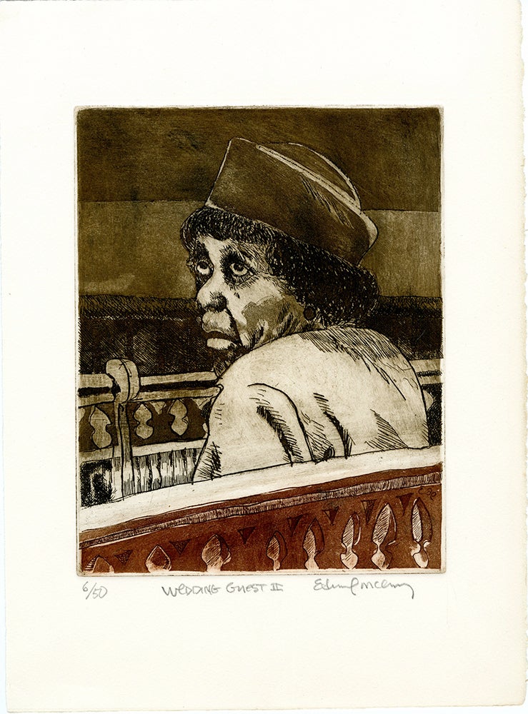 Woman in a hat looking over her shoulder in a church pew, sepia etching by Edward McCluney.
