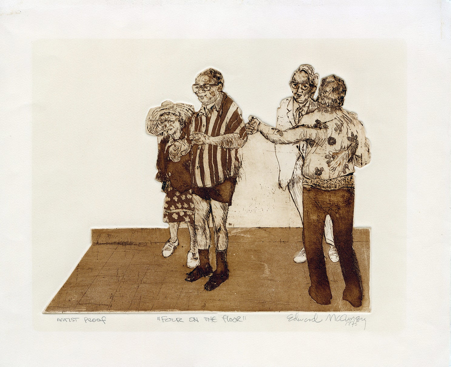 Four dancers — three men and one woman — are seen mid-step on a dance floor. Shaped plate etching and aquatint by Edward McCluney.