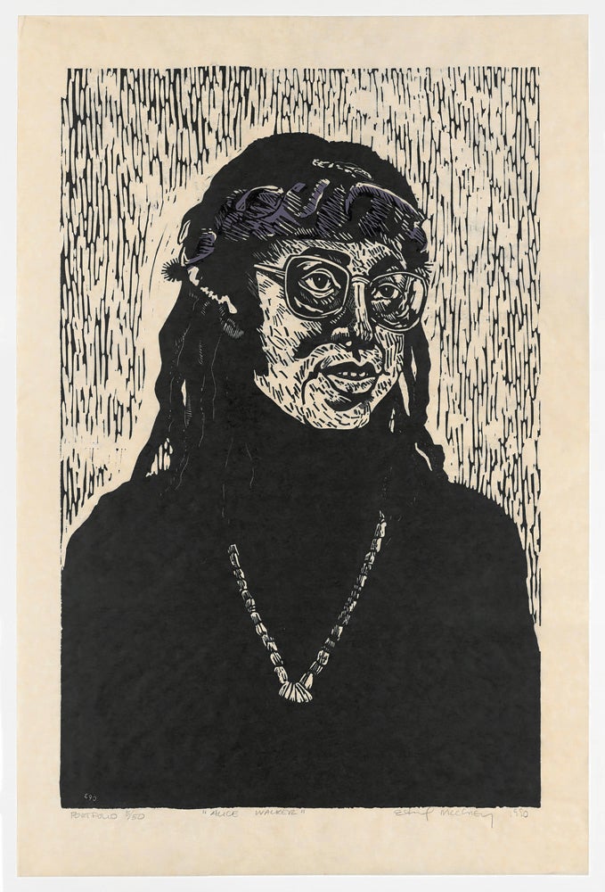 Bust-lengrh portrait of a woman facing 3/4 to right wearing glasses, turtleneck sweater and necklace. Linoleum print by Edward McCluney.