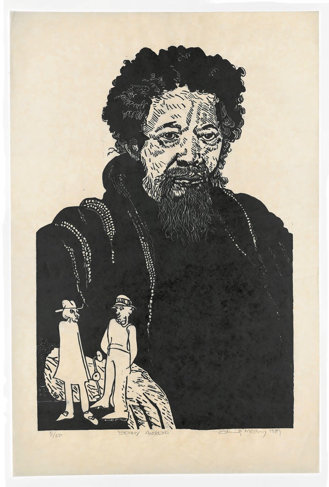 Portrait of a man with beard and mustache. Two small standing figures inset at lower left. Linoleum print by Edward McCluney.