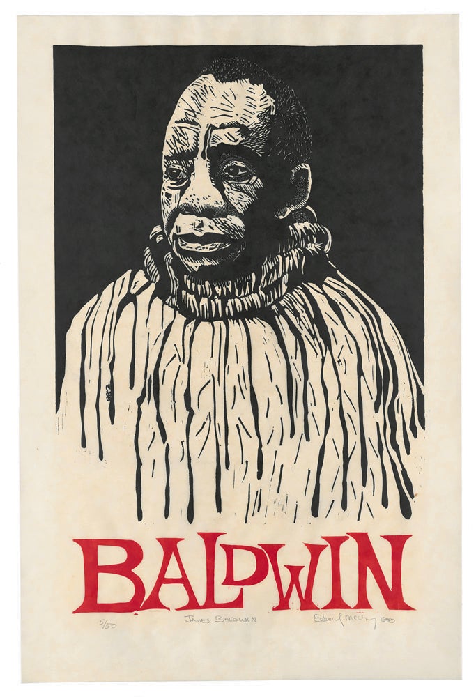 Bust-length portrait of a man facing left with high-neck collar. The name Baldwin in red print appears bottom center. Linoleum print by Edward McCluney.