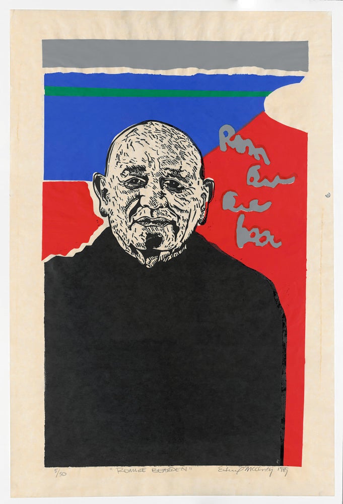Bust-lengrh portrait of a bald headed man in black against a red and blue background. The name Romare Bearden appears in handwriting at right. Linoleum print by Edward McCluney.