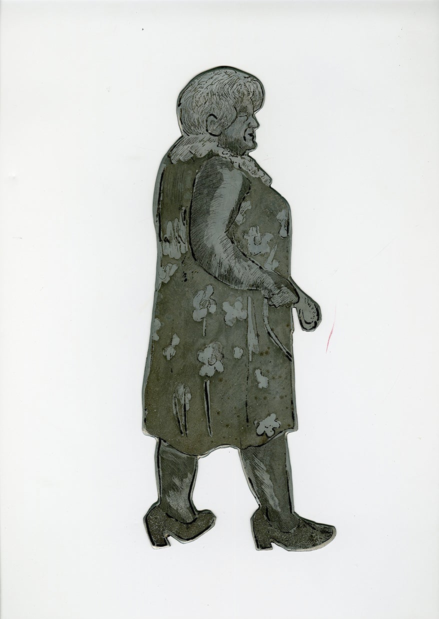 An older woman wears high-heeled shoes and a floral dress with a ruffly collar as she walks. Shaped zinc plate by Edward McCluney.