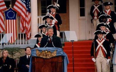 In 1993, President-elect Clinton visited his alma mater as part of the pre-inaugural activities in Washington, D.C. In this photo, he is addressing the Diplomatic Corps from the steps of Old North.