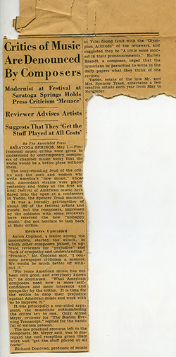 Newspaper article reporting on "feud" between critics and composers