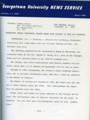 Georgetown Breaks Tradition, Allows Women into the College of Arts and Sciences. Georgetown University News Service, September 15, 1968