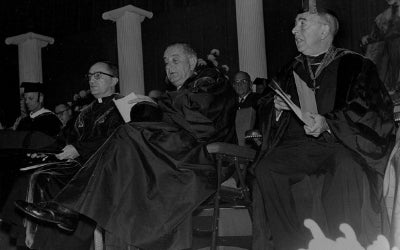 Lyndon Johnson was awarded an honorary degree and spoke at the closing convocation of the University's 175th-anniversary celebrations on December 3, 1964.