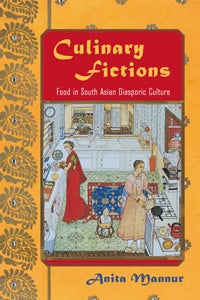Cover of Culinary Fictions by Anita Mannur, depicting a drawing of a family in a kitchen